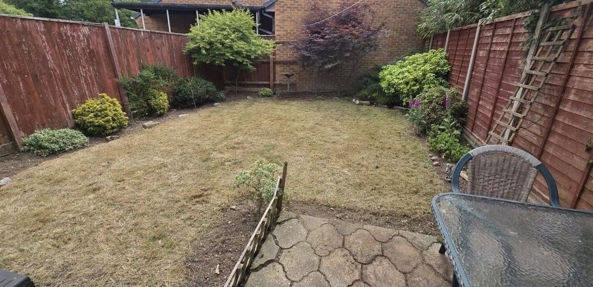 Enclosed garden with long grass cut back and borders tidied around mature shrubs